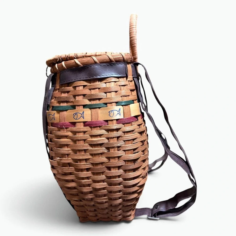 Handcrafted Woven Split Oak Fishing Creel Basket Backpack Cabin Decor